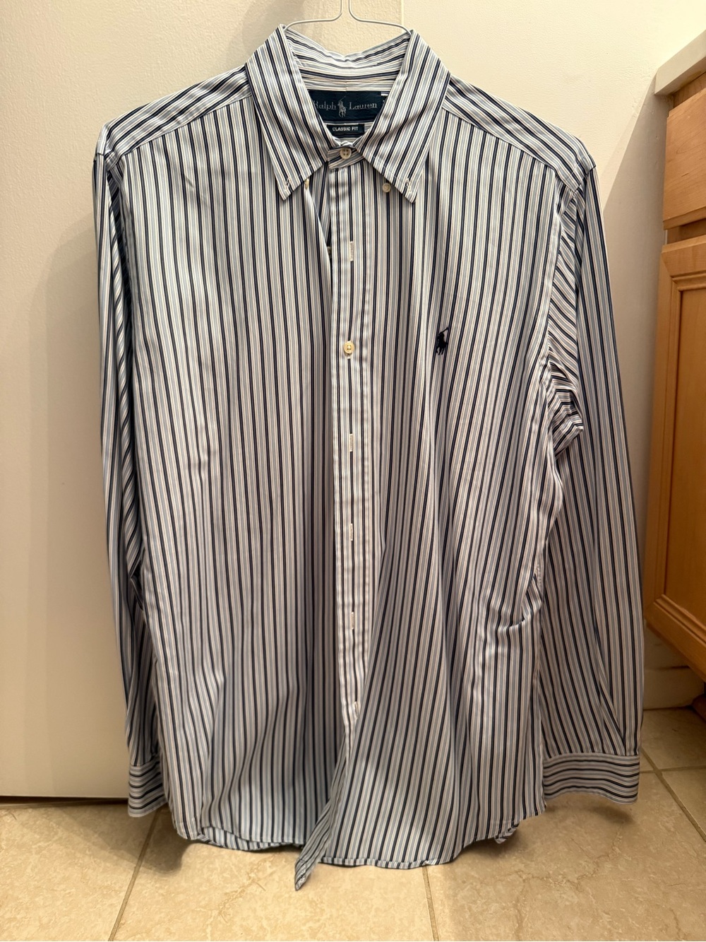 Ralph Lauren White Shirt with Navy Vertical Stripes